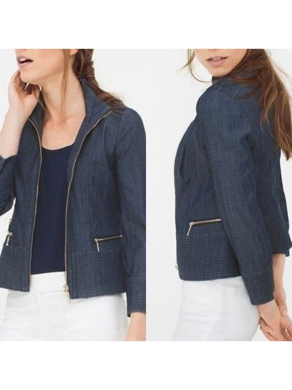 White House Black Market Zip Front Denim Blazer Jacket
